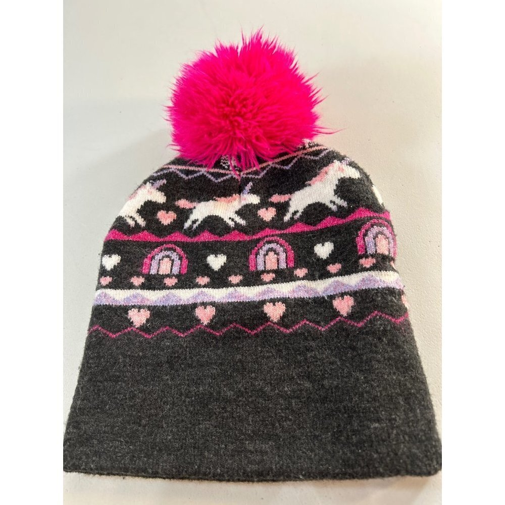 Target Baby Girls Beanie Hat Gray Multicolored Unicorns Hearts Pom Pom Size 12-2